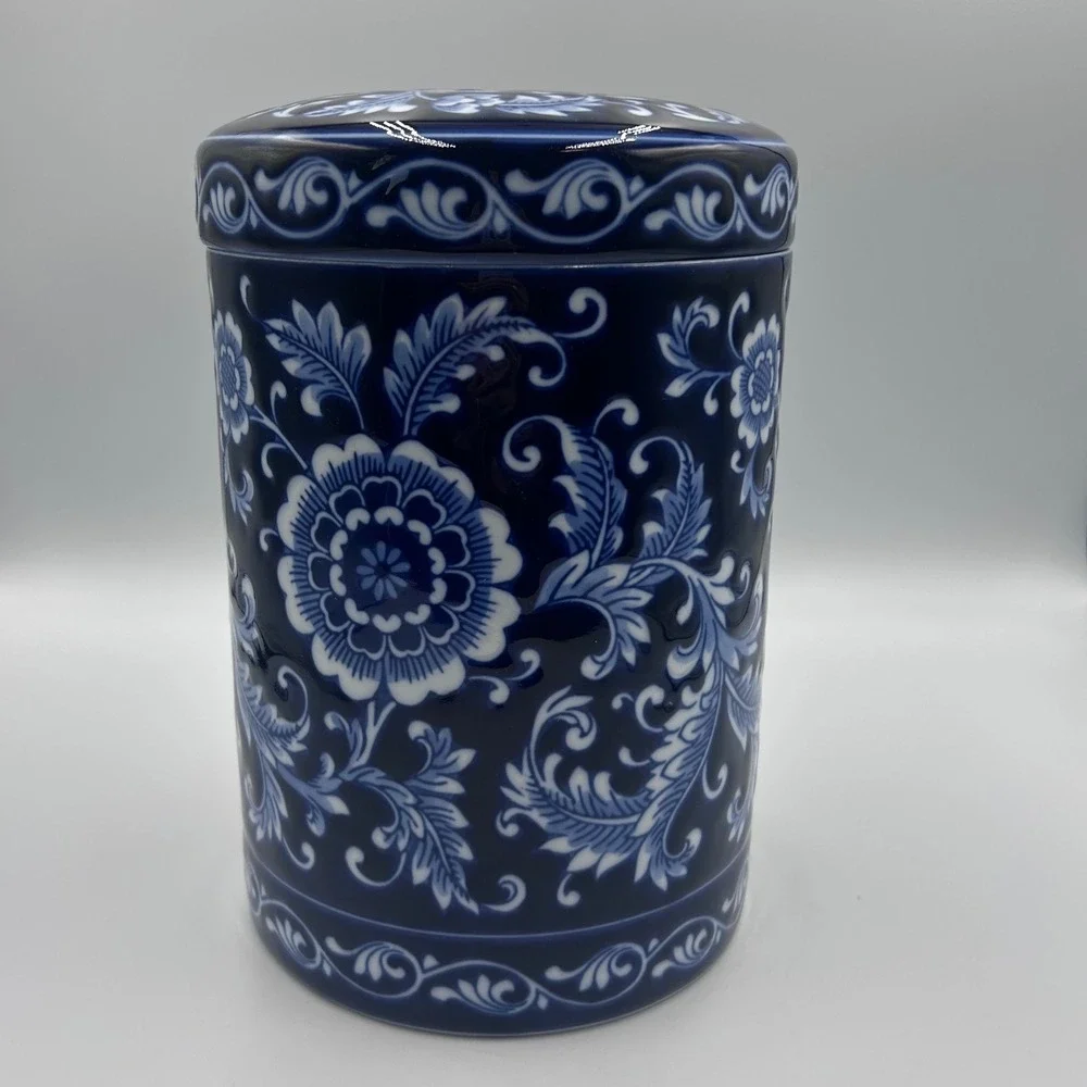 Pier 1 Mandarin Blue and White Floral Porcelain Canister with Lid 9.5